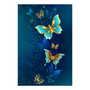 Póster Mariposas doradas sobre fondo azul