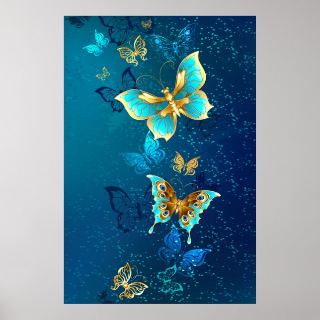 Póster Mariposas doradas sobre fondo azul (Frente)