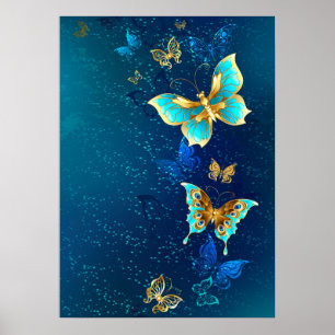 Póster Mariposas doradas sobre fondo azul