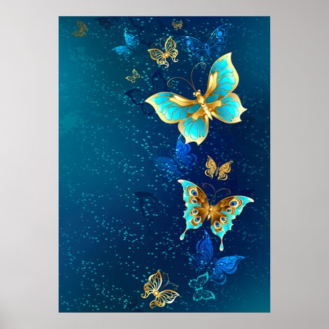 Póster Mariposas doradas sobre fondo azul (Frente)