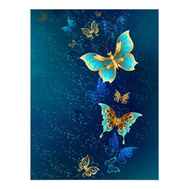 Póster Mariposas doradas sobre fondo azul (Anverso)