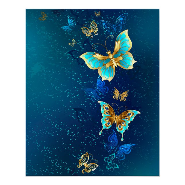 Póster Mariposas doradas sobre fondo azul (Anverso)