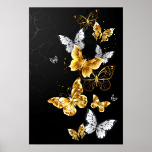 Póster Mariposas doradas y blancas