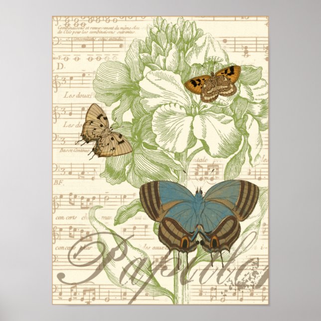 Póster Mariposas en la música de hojas con diseño floral (Frente)