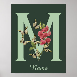 Póster Mariposas Flor Monograma Inicial M Personalizado