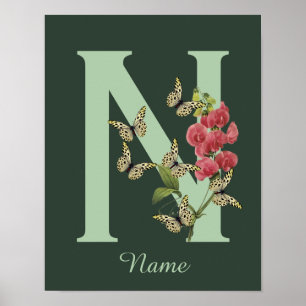 Póster Mariposas Flor Monograma Inicial N Personalizado