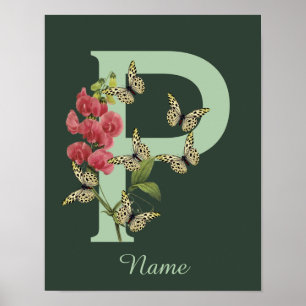 Póster Mariposas Flor Monograma Inicial P Personalizado