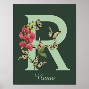 Póster Mariposas Flor Monograma Inicial R Personalizado
