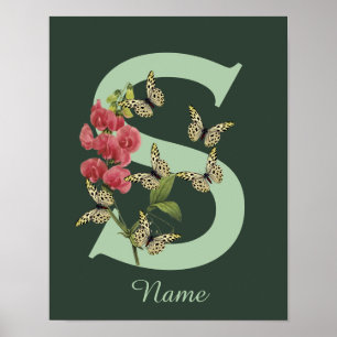 Póster Mariposas Flor Monograma Inicial S Personalizado