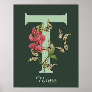 Póster Mariposas Flor Monograma Inicial T Personalizado