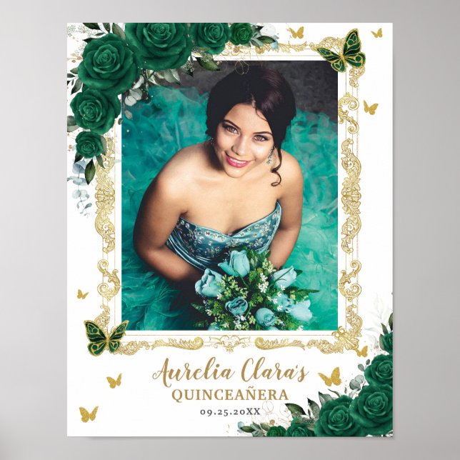 Póster Mariposas florales de color verde esmeralda Fotogr (Frente)
