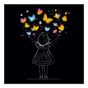 Póster Mariposas mágicas surgen de la mano de una niñita