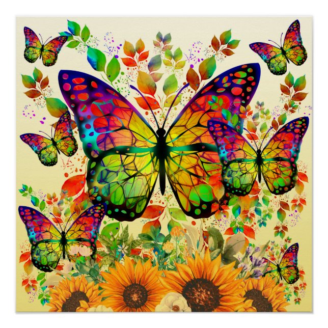 PÓSTER MARIPOSAS MODERNAS COLORIDAS FLORES DE LLUVIA (Anverso)