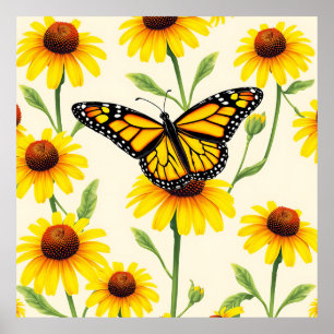 Póster Mariposas Monarca Margaritas Amarillas Patrón