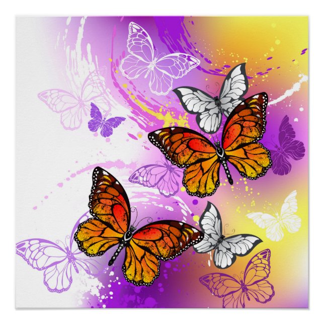 Póster Mariposas Monarca sobre Fondo Púrpura (Anverso)