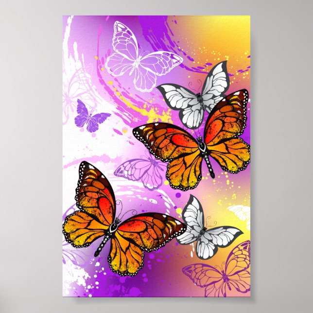 Póster Mariposas monarcas en fondo morado (Frente)