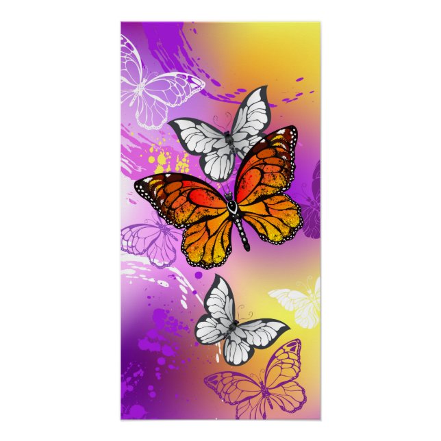 Póster Mariposas monarcas en fondo morado (Anverso)