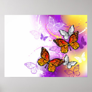 Póster Mariposas monarcas en fondo morado