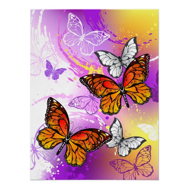 Póster Mariposas monarcas en fondo morado (Anverso)