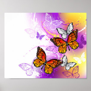 Póster Mariposas monarcas en fondo morado