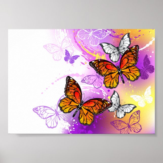 Póster Mariposas monarcas en fondo morado (Frente)