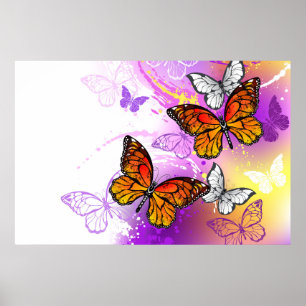 Póster Mariposas monarcas en fondo morado