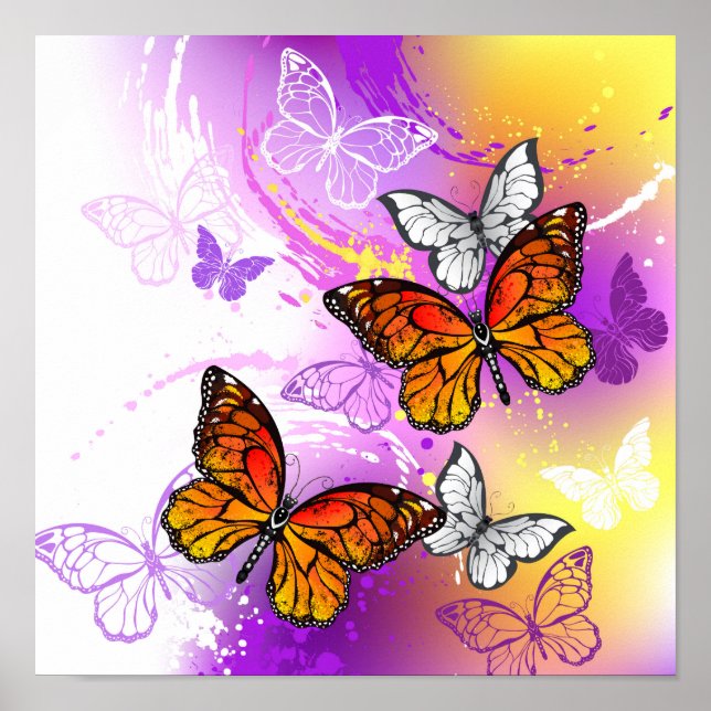 Póster Mariposas monarcas en fondo morado (Frente)
