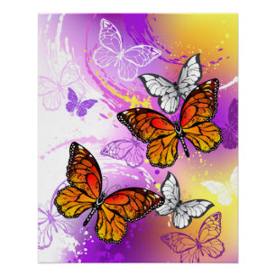 Póster Mariposas monarcas en fondo morado