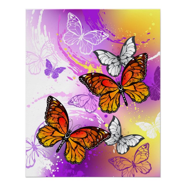 Póster Mariposas monarcas en fondo morado (Anverso)