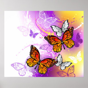 Póster Mariposas monarcas en fondo morado