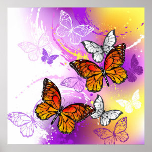 Póster Mariposas monarcas en fondo morado