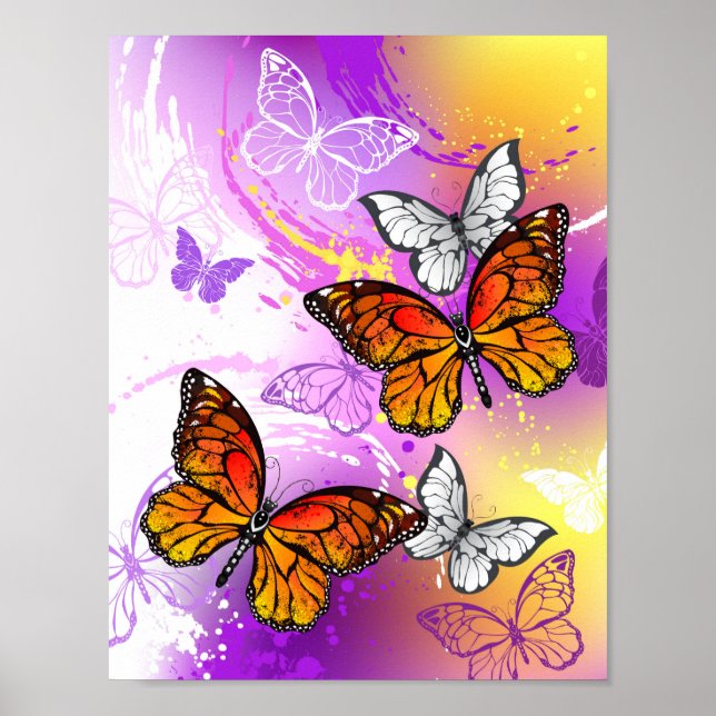 Póster Mariposas monarcas en fondo morado (Frente)