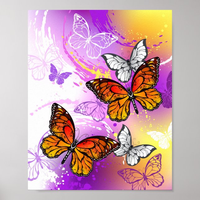 Póster Mariposas monarcas en fondo morado (Frente)