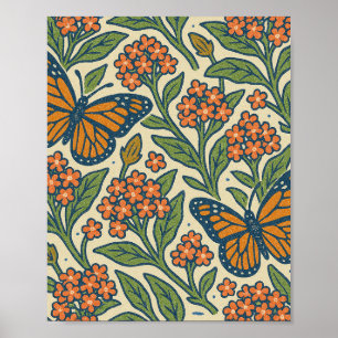 Póster Mariposas monarcas y flores de mimbre
