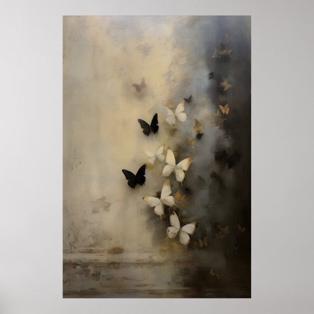 Póster Mariposas Negras Blancas Dark Academia, Aceite Vin (Frente)