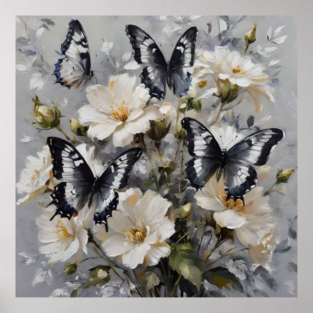 Póster Mariposas Negras Y Blancas Sobre Flores Blancas, (Frente)