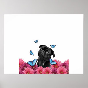 Póster Mariposas Pug Gerbera   Perro negro lindo