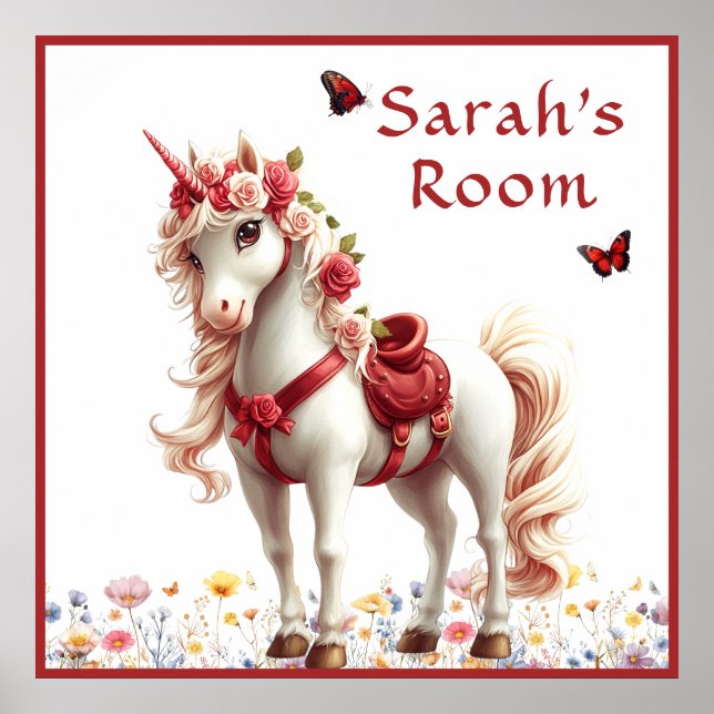 Póster Mariposas rojas de Unicornio blanco y Rosas de alb (Frente)