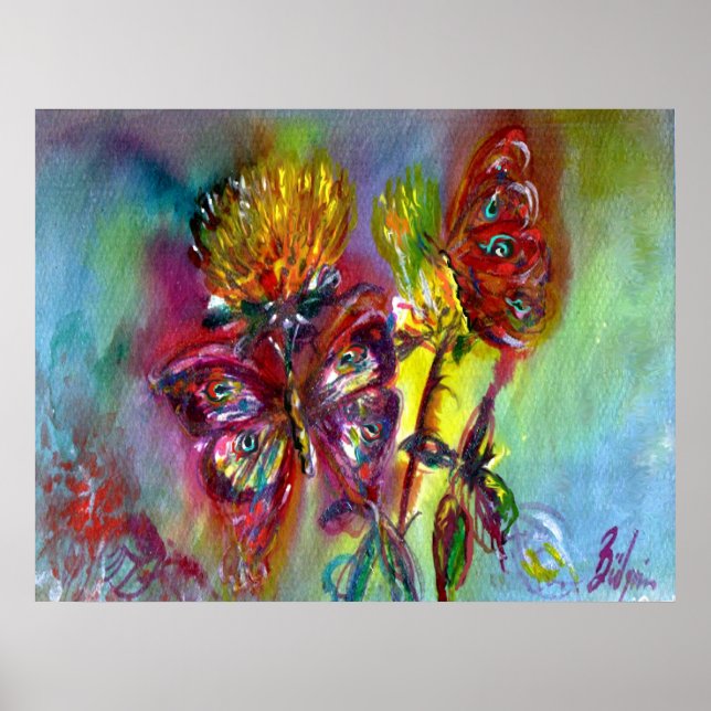 PÓSTER MARIPOSAS ROJAS SOBRE LOS AMARILLOS AMARILLOS,AZUL (Frente)