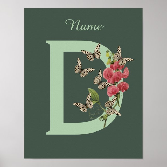 Póster Mariposas Sweet Pea Monograma Nombre inicial D (Frente)