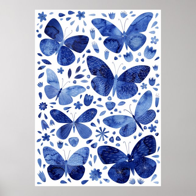 Póster Mariposas Watercolor Indigo Azul (Frente)