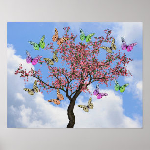 Póster Mariposas Y Árbol De Flores