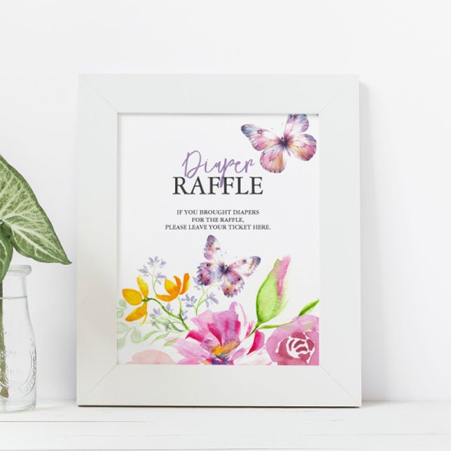 Póster Mariposas y canciones de cuna Diaper Raffle Baby S (Purple butterfly baby shower theme butterfly and floral watercolor art by Victoria Grigaliunas)