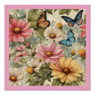 Póster Mariposas y flores arte