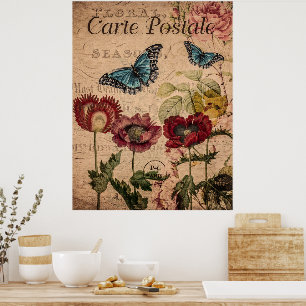 Póster Mariposas y flores de época floral francesa