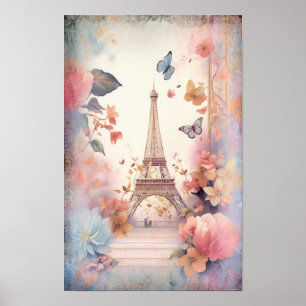 Póster Mariposas y Flores de la Torre Eiffel