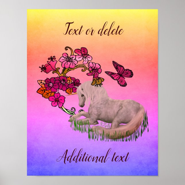 Póster Mariposas Y Flores De Unicornio Personalizadas (Frente)