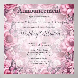 Póster Mariposas y flores en diferentes tonalidades de ro