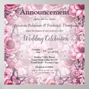 Póster Mariposas y flores en diferentes tonalidades de ro