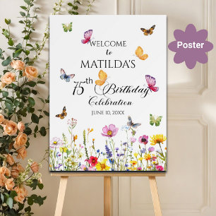 Póster Mariposas y flores silvestres Bienvenidos a los 75
